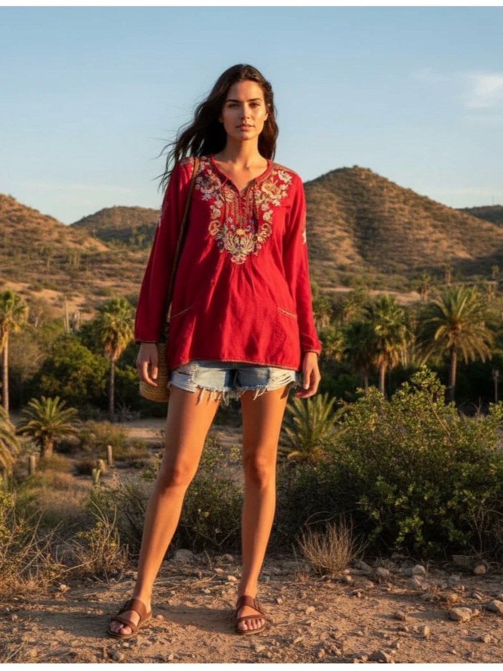 Johnny Was Boho Embroidered V-Neck Tunic Top in Red